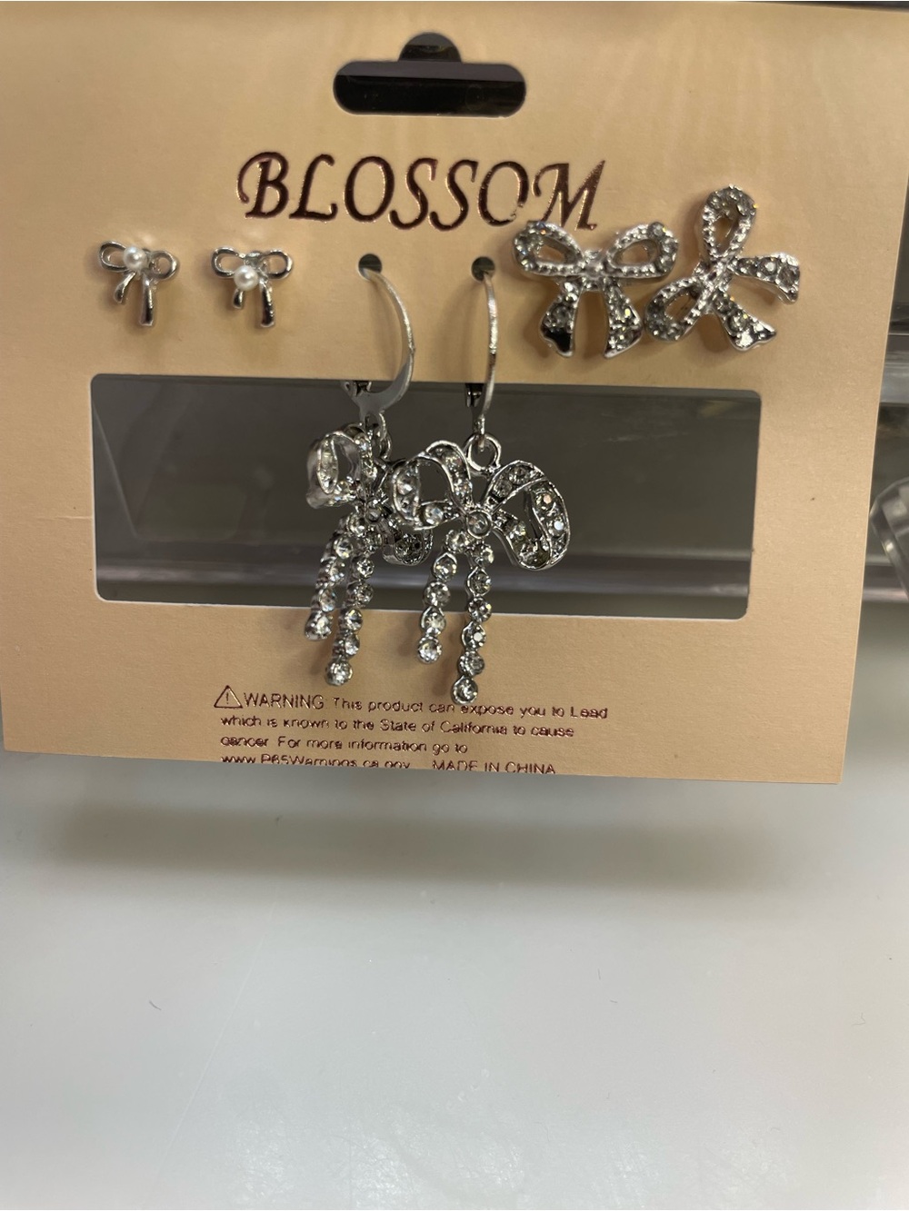 Blossom Silver Bow and Rhinestone Fashion Jewelry Earring Set